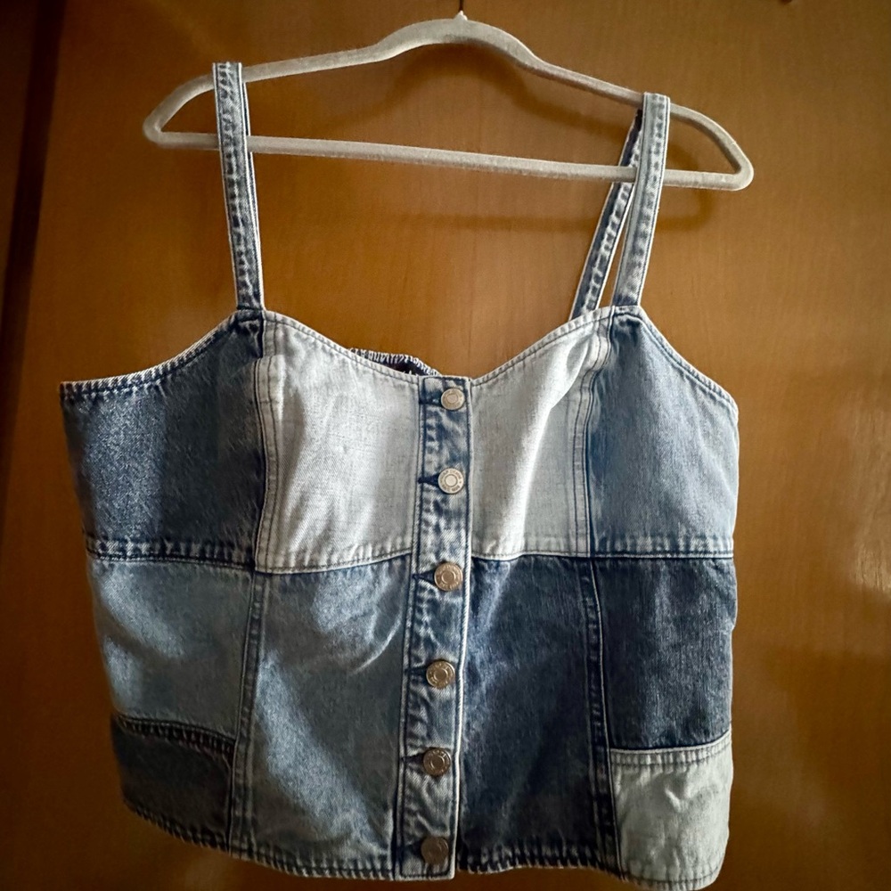 Denim Patchwork Button-Up Tank Top